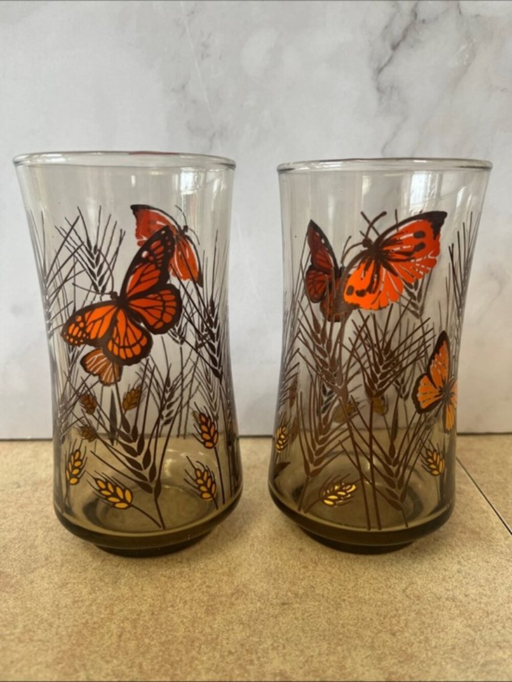 Vintage Libbey Drinking Glasses Butterfly And Wheat Orange Mid Century Modern